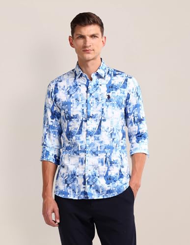 U.S.POLO ASSN. Mens Blue All Over Print Collared Neck Long Sleeve Casual Cotton Regular Fit Shirts (USSHTFX0554_Blue_L)