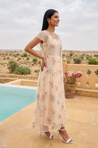Wishful Women’s Beige Embroidered Organza A-line Dress - (SP13781-401403-M)
