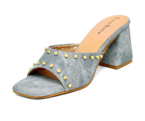 LOUIS STITCH Women’s Fashion Slip-On Block Heel Sandals | Open Toe Blue Stylish Mules Heel Sandal for Ladies, Fashionable and Comfortable Sandal (LSOF-LDBH-MUBU) (UK-8)