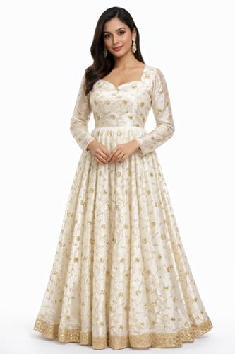 Glinty Chic Women's White and Gold Embroidered Anarkali Gown with Dupatta, Floral Sequin Work, Sweetheart Neck, Ethnic Wear (in, Alpha, M, Regular)