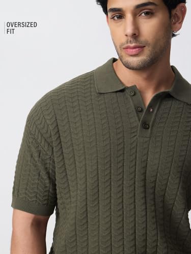 The Souled Store Blaze Men and Boys Short Sleeve Spread Collar Dark Olive Green Jacquard Knit Cotton Oversized Breathable Lightweight Everyday All-Season Polo Shirts