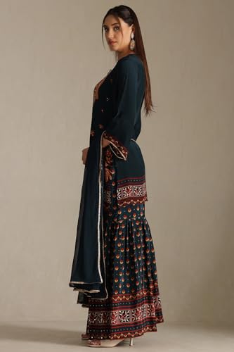 Soch Women's Teal Green Crepe Floral Print Suit Set With Mirror Work