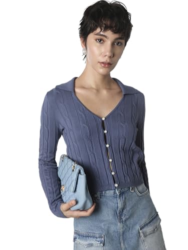 ONLY Women's Self Design Slim Fit Blue Sweater