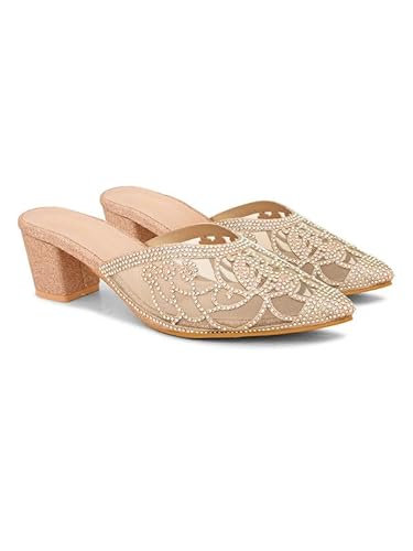 XE Looks Women's Gold Embellished Mesh Mules | Pointed Toe Block Heels with Rhinestone Detailing | Embellishments with Transparent Heel For Girls & Women