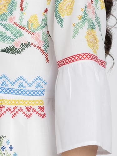 SHAYE White V-Neck Floral Print Three-Quarter Sleeves Casual Dresses for Women