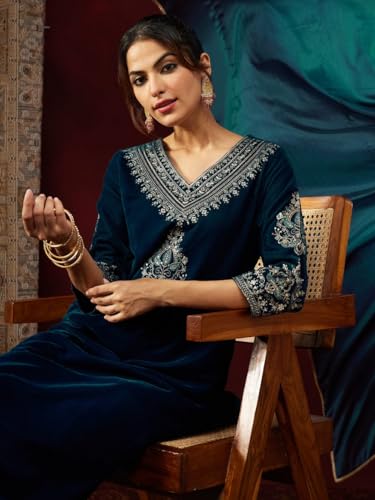 VARNI FABRICS: A lady's First Love Women's Teal Velvet Embroidered Salwar Suit With Chinon Dupatta, Festive Ethnic Wear (IN, Alpha, M, Regular)