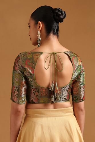 Soch Womens Olive Silk Blend Banaras Meena Jacquard Weave in Dark Colour Blouse with Zari Woven