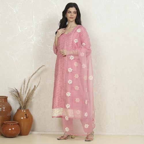 Biba Women's Pink Silk Blend Machine Embroidered Unstitched Suit Set