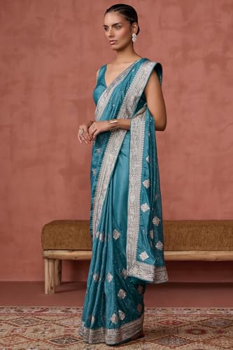 Soch Womens Turquoise Blue Fendy Georgette Embroidered Saree With Stone Work