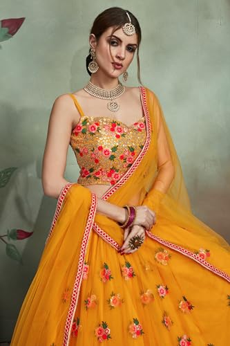 AG Clothing Women's Net Semi Stitched Lehenga Choli With Dupatta | Thread And Sequin Embroidery Pattern | Traditional, Wedding, Ethnic Wear Lehenga (AD-EUPHORIA-VOL2O-2901-Yellow)