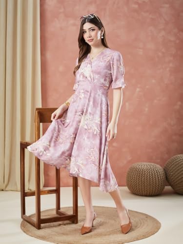 Latin Quarters Women's Pink Half Sleeves Printed V-Neck Casual Dress_XL