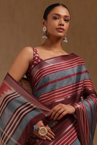 Soch Womens Maroon Crepe Striped Saree