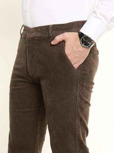 Hancock Men Cotton Solid Slim Fit Trousers Brown Size 32, Durable Fabric with a Tailored Finish, Comfortable Stretch Waistband, Machine Washable Easy Care Fabric