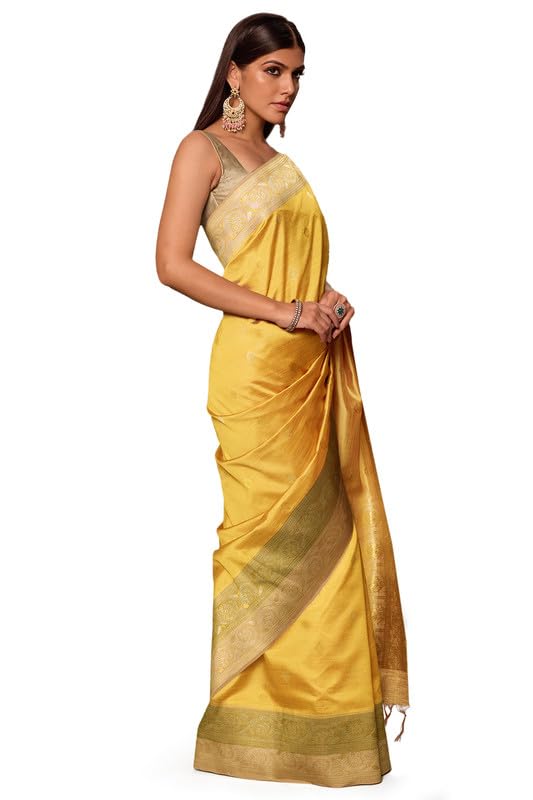 Soch Womens Mustard Tussar Zari Woven Saree With Tassels