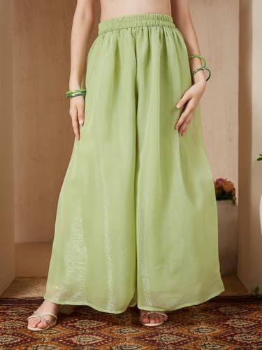 CURLY TALES ALPHA Girl's Light Green Polyester Floral Pattern Short Kurti with Plazzo |Etnic Wear