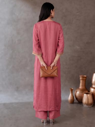 Varanga Women Kaftan Kurta Trousers Set V Neck Short Sleeves Silk Blend
