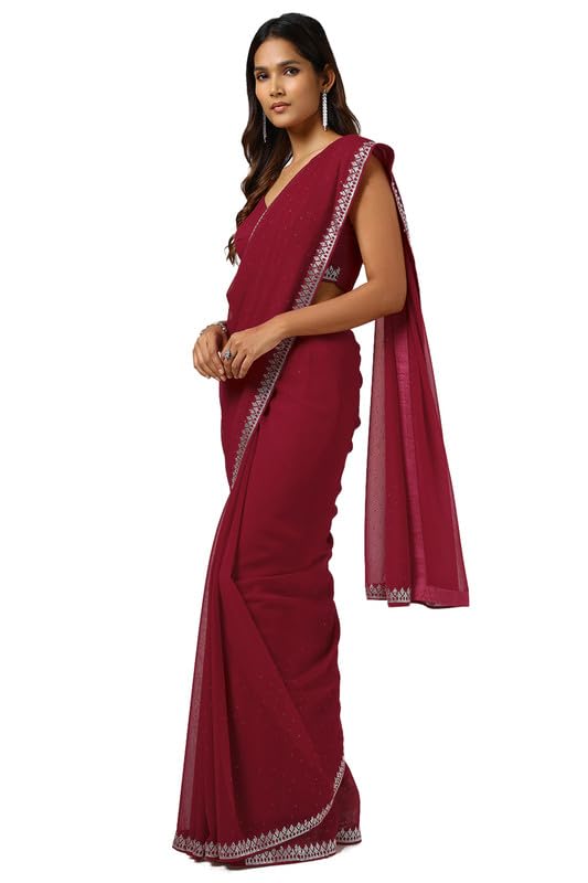 Soch Womens Maroon Georgette Saree With Stone Work