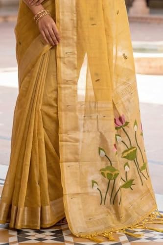 SGF11 Women's Cotton Linen Soft Silk Saree With Unstitched Blouse Piece (Yellow)