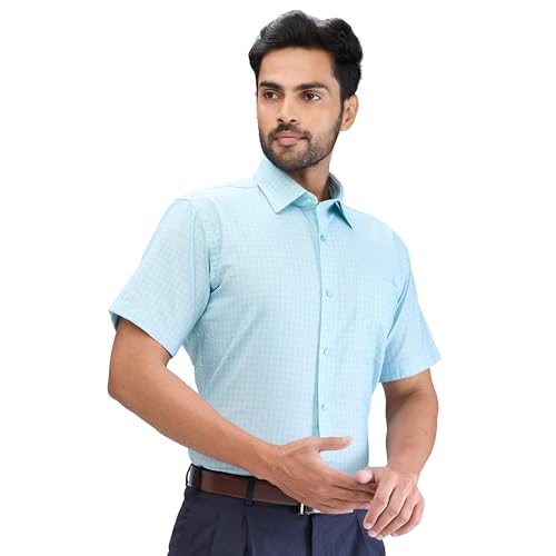 Raymond Men's Contemporary Fit Checks Pattern Pure Cotton Semi Cut Away Collar Half Sleeve Formal Shirt (Size: 44)-RMSY12320-N3 Medium Green