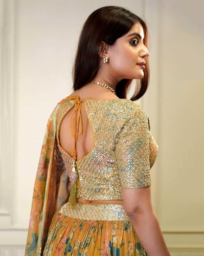 JIHU CULTURE Women's Organza Digital Print with Sequence Zari Embroidery Work Semi-stitched Lehenga Choli With Dupatta (Orange), 44