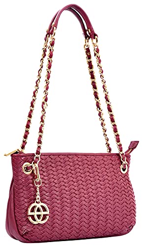 eske Piquer, the Shoulder Bag | Genuine Leather Handbag for Women | Braided Back | Chain Strap with Padding | Zip Closure | 1 Main Compartment | Elegant Structured Daily Use Purse (Wine)