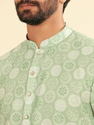 Manyavar Men's Cotton Blend Circular Bandhani Prints Kurta Pyjama Set (Light Mid Green,S)