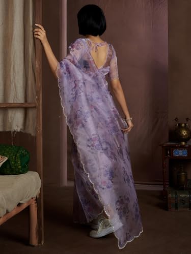 SAREE MALL Women's Lavendar Organza Floral Printed Saree With Unstitched Blouse (MAHEK937C_MK)