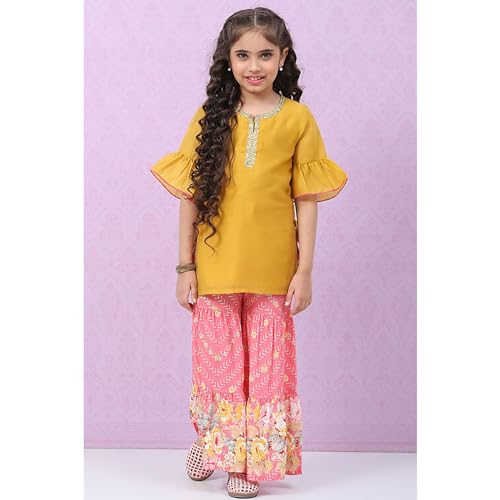 BIBA Girls Polyester Straight Solid Suit Set(KW5016E_13_Yellow)