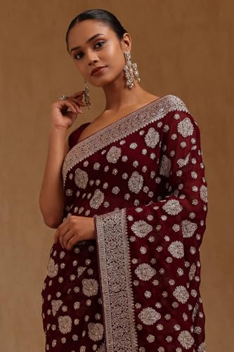 Soch Womens Wine Georgette Embroidered Saree With Stone Work