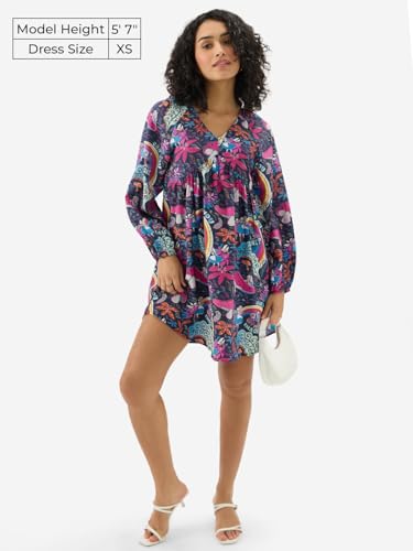 The Souled Store Official Disney: Viscose Blend Mushroom Women & Girls Full Sleeves V Neck All Over Printed Mini Dresses Multicolour