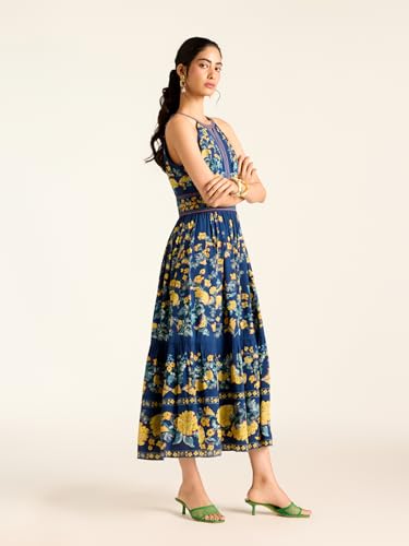Label RITU KUMAR Navy Florica Sleeveless Printed Long Dress