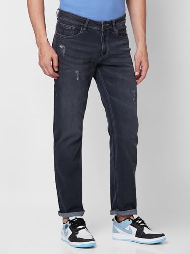 Giordano Mens Mid Rise Stretchable Solid Button Closure Mildly Distressed Cotton 5 Pockets Straight Fit Jeans Mid Black