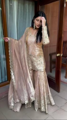SAMUYA Embroidered Sharara Set, Beige, Net Fabric, Sequin Work, 3-Piece Suit with Dupatta (IN, Alpha, 2XL, Regular)