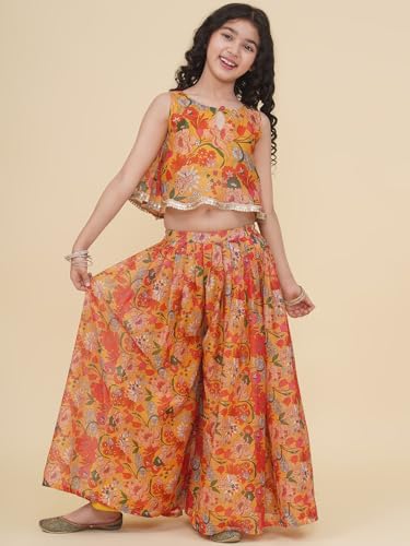 Bitiya By Bhama Girls Yellow Floral Printed Crop Top With Palazzo(GCS0525E01_15-16y)