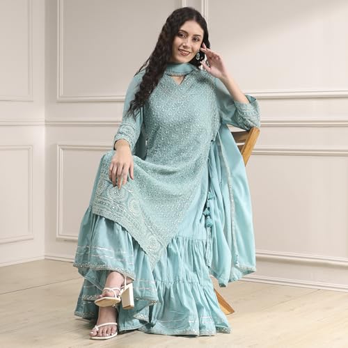Biba Women's Cotton Blend Embroidered Straight Kurta (SKDMWR10867AW25POBL_Powder Blue
