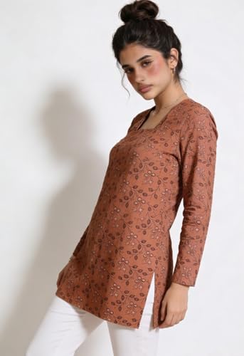 Women's Pure Cotton Corset Kurti | Floral Printed Straight Fit Kurta with Lace-Up Back Design | Ethnic Casual & Office Wear for Women | Brown | Size M