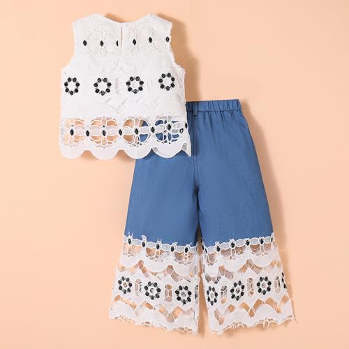 Hoscotch Girls Embellished White Sleeveless Jeans Set For Ages (4-5 Years)