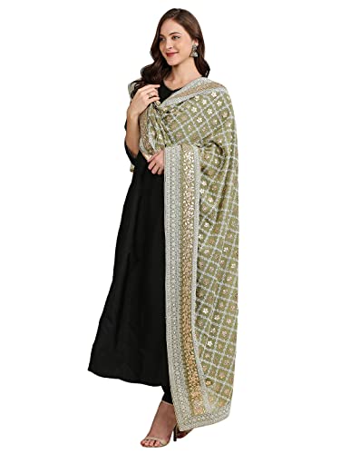 DUPATTA BAZAAR Women's Olive Green Georgette Lucknowi Work dupatta with Gotta Patti Work