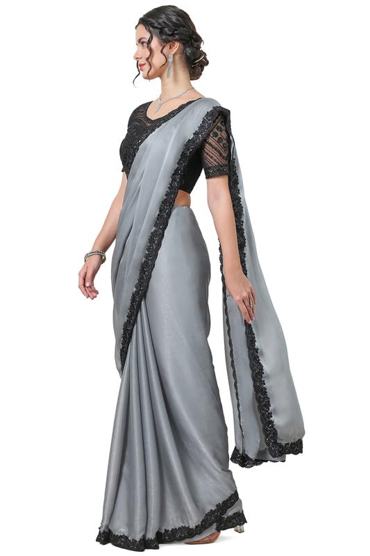 Soch Womens Grey Crepe Saree with Lace Border