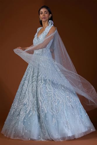 Woman's Light Blue Sequins Embroidered Net Reception Gown