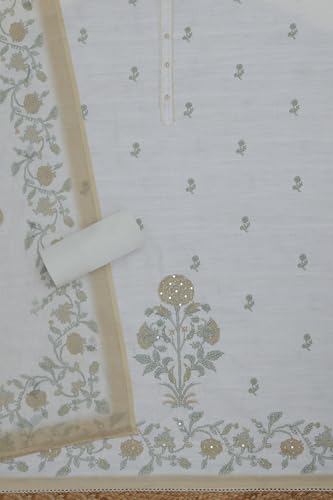 Soch Womens Off White Linen Blend Floral Print Unstitched Dress Material With Cutdana