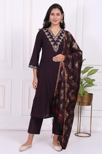 W for Woman Purple Embroidered Straight Kurta, Pants and Dupatta Set - (WS13238-224189-S)