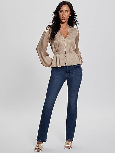 GUESS Women Beige Embroidered V-Neck Full Sleeves Joie Satin Top