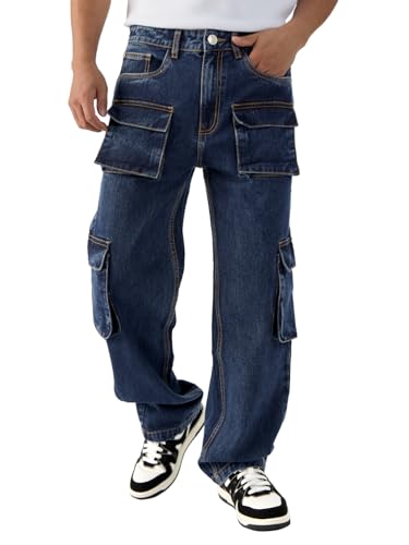 The Souled Store Solids: Brady Blue Men and Boys Straight Fit Cotton Cargo Jeans - Effortless Style and Utility Combined