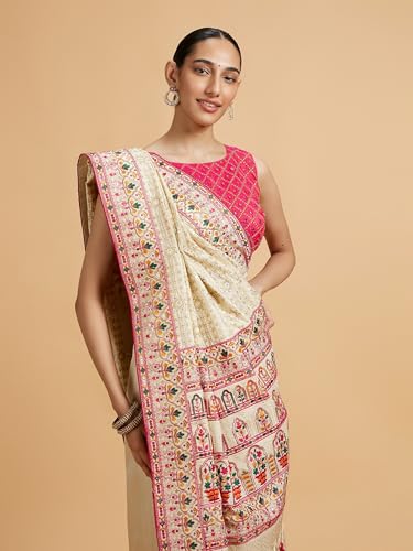 MOHEY Women's Cream Art Silk Embroidered|Stone Work|Sequin Work Saree (Cream)