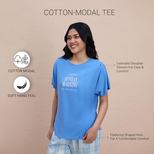 NYKD Buttery Soft Modal Cotton Graphic Tee for Women with Extended Sleeves – Comfortable Relaxed Fit, Stylish Design, Model NYS931 Blue