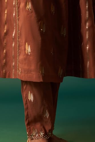 Wishful Women's Copper Brown Metallic Embroidered Flared Chanderi Kurta with Straight Pant and Dupatta Set (SP12566-314269-S)
