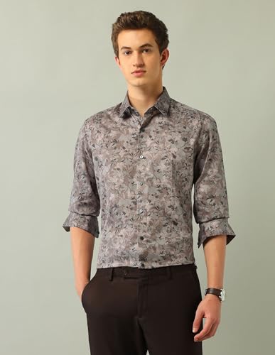 Arrow New York Men's Brown Floral Printed Spread Collar Full Sleeve Formal Cotton Slim Fit Shirt (ANAJSH1109_Brown_44)