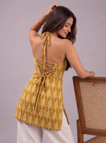 Rangrooh Women's Cotton Printed Short Corset Kurti | Halter Neck Sleeveless Backless Lace-Up Tie | Indo-Western Summer Ethnic Kurti (Yellow) - L