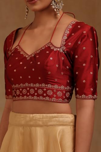 Soch Womens Maroon Tussar Embroidered Padded Blouse with Zari